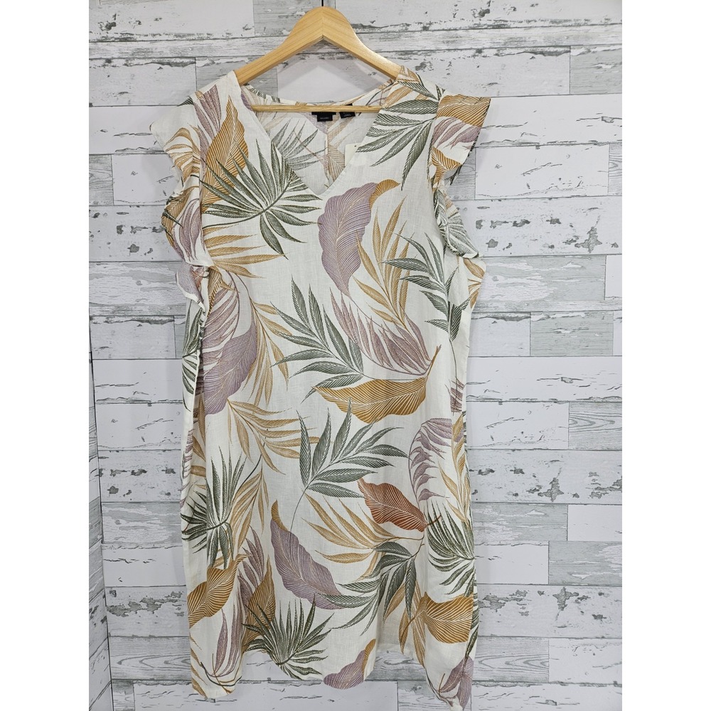 Tahari Womens 2X Linen Flutter Sleeve Shift Dress‎ Tropical Leaft Print Ivory